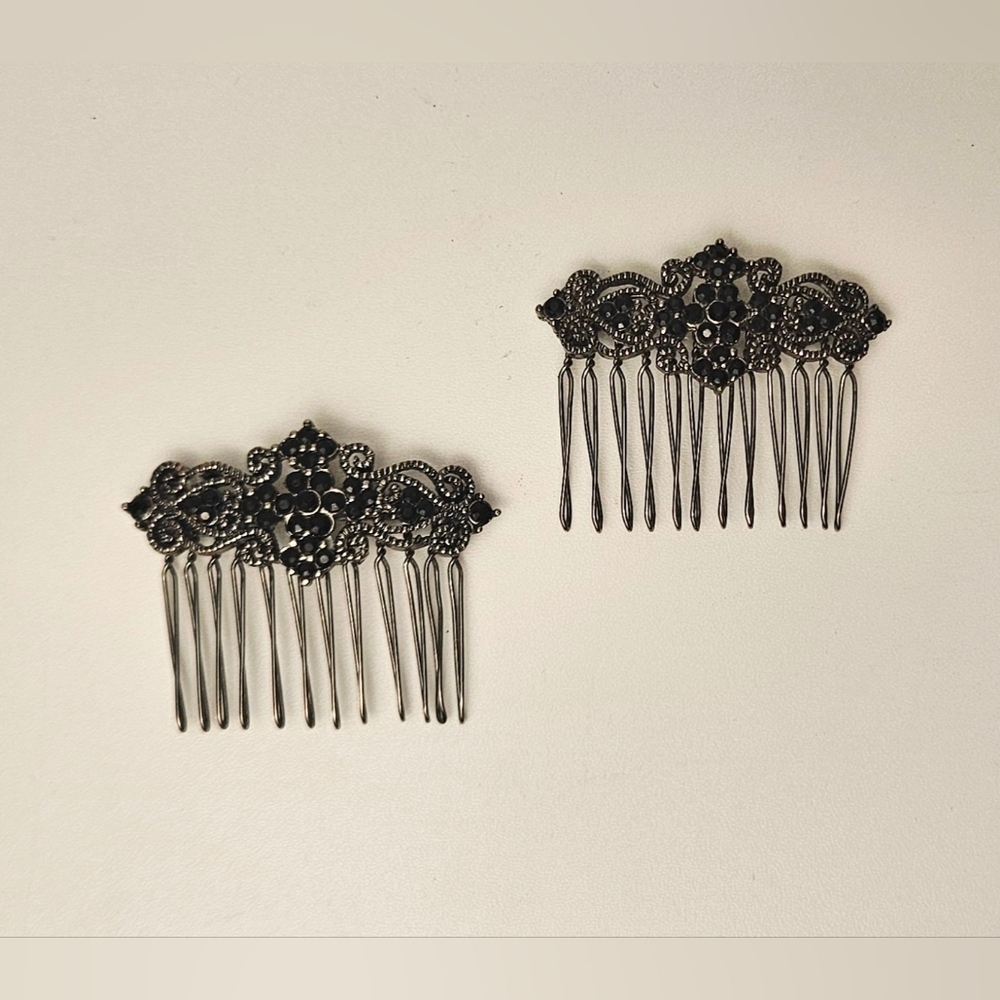 Black Rhinestone Filigree Hair Combs Set of 2 Gothic Victorian Bridal